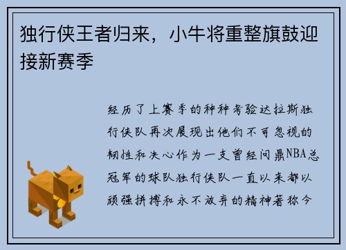 独行侠王者归来，小牛将重整旗鼓迎接新赛季