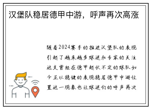 汉堡队稳居德甲中游，呼声再次高涨