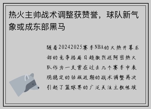 热火主帅战术调整获赞誉，球队新气象或成东部黑马